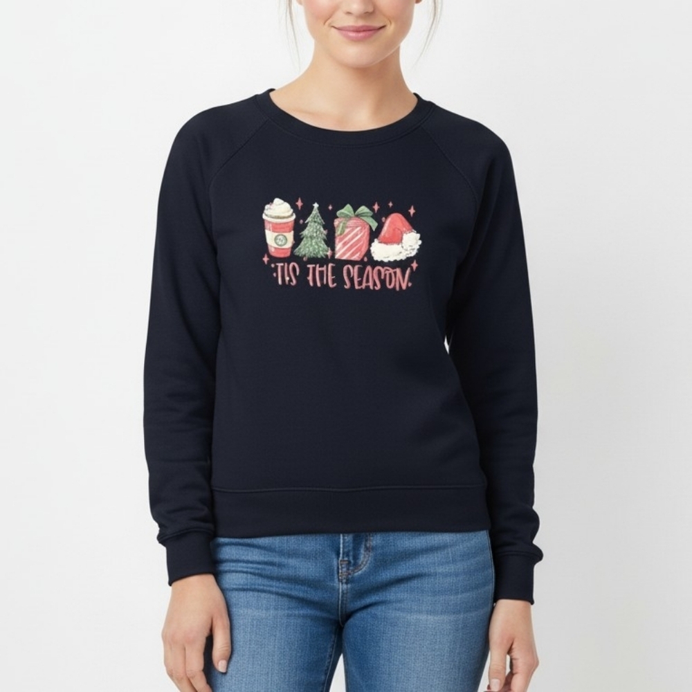 "Tis The Season" Dark Blue Graphic Christmas Sweatshirt | Size L